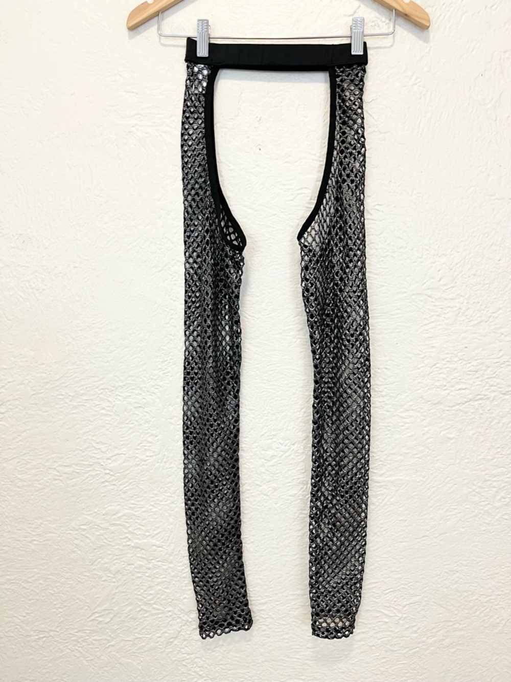 Club Exx Dolls Kill Mesh Fishnet Chaps Black Silver Metallic Rave Festival EDM S